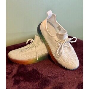 New Ladies WANTED Shoes Pure White Weave Canvas Sneakers Rainbow Soles Size 6.5